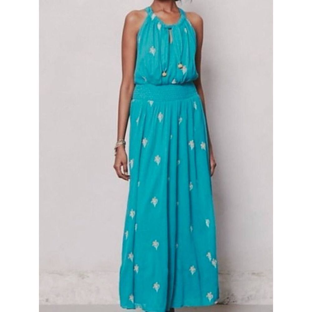 Anthropologie Floreat Dress Women's 2 Turquoise Embroidered Crinkle Maxi Resort